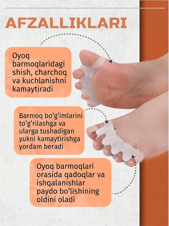Barcha oyoq barmoqlari uchun silikon ajratgichlar, barmoq orasi to'siqlari, to'plamda 2 ta