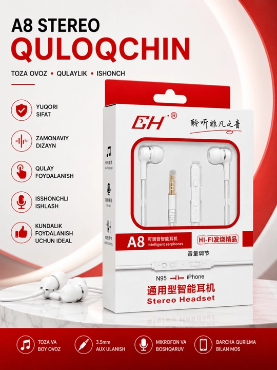A8 stereo simli naushnik mikrofonli 3. 5 mm quloqchin android va iphone qurilmalari uchun - 