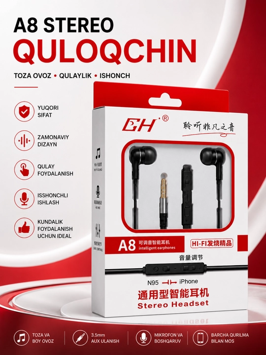 A8 stereo simli naushnik mikrofonli 3. 5 mm quloqchin android va iphone qurilmalari uchun - 