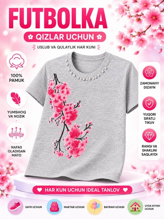 Qizlar uchun gulli paxtali futbolka, yozgi bolalar futbolkasi, yumshoq va qulay