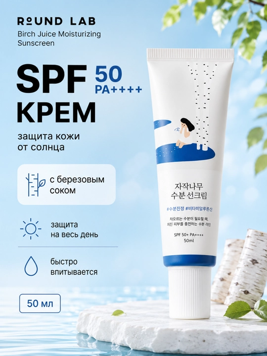 Увлажняющий солнцезащитный крем для лица Round Lab Birch Juice SPF50+ PA++++ 50 мл - 