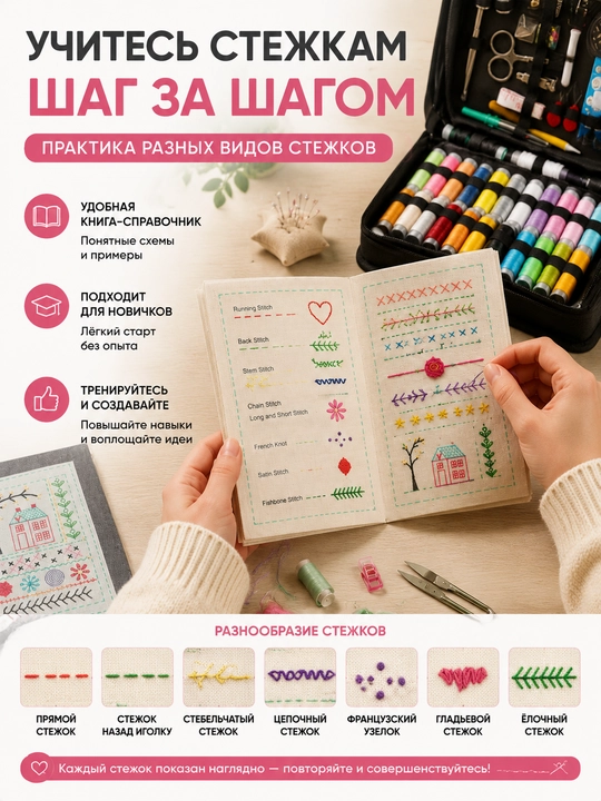 Набор для шитья и вышивания, 104 предмета с книгой стежков