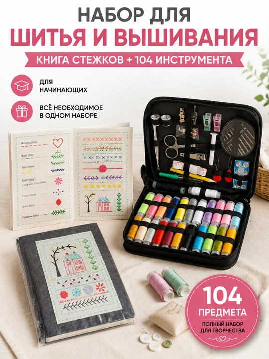 Набор для шитья и вышивания, 104 предмета с книгой стежков