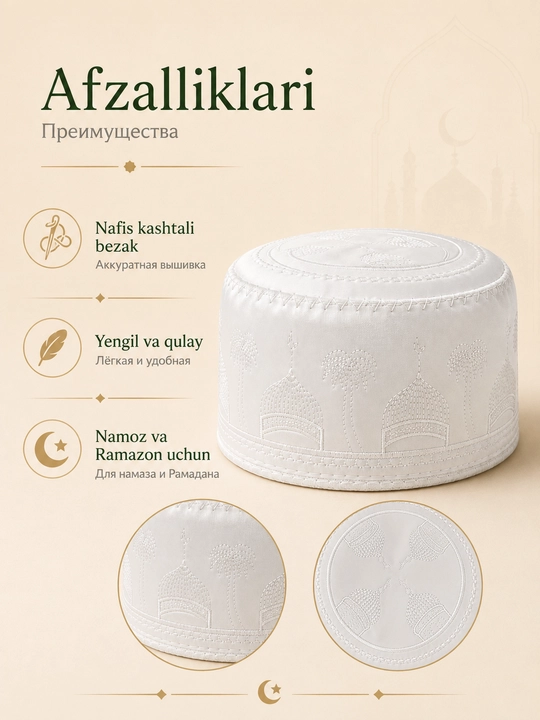 Do'ppi erkaklar uchun yengil va nafas oluvchi, namoz va kundalik uchun islomiy bosh kiyim