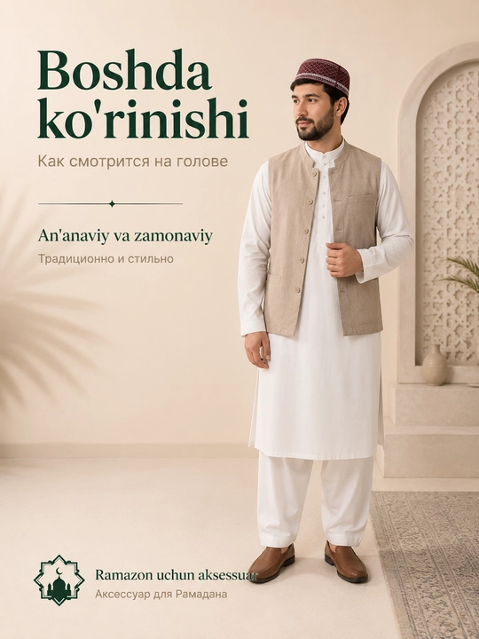 Do'ppi erkaklar uchun yengil va nafas oluvchi, namoz va kundalik uchun islomiy bosh kiyim