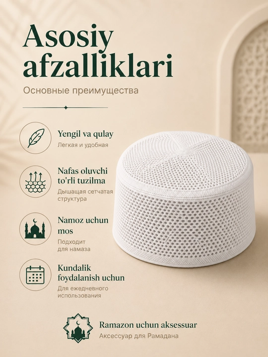 Do'ppi erkaklar uchun yengil va nafas oluvchi, namoz va kundalik uchun islomiy bosh kiyim