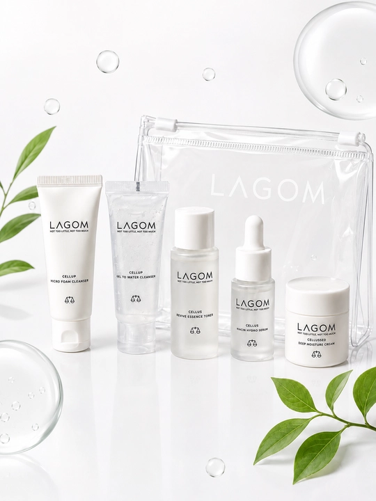 Koreys skincare set, LAGOM mini, toner serum krem, cleanser - 