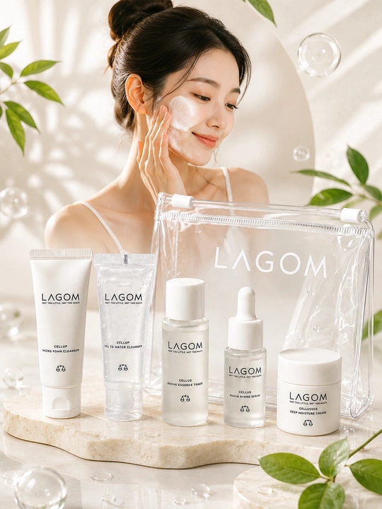 Koreys skincare set, LAGOM mini, toner serum krem, cleanser