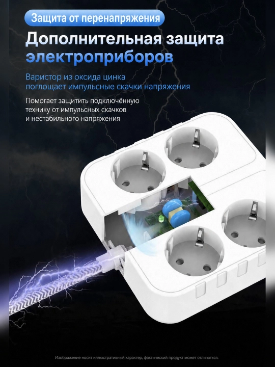 Сетевой удлинитель OULIYO, 4 евророзетки, 4 USB, 4000 Вт