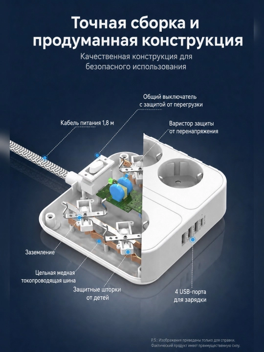 Сетевой удлинитель OULIYO, 4 евророзетки, 4 USB, 4000 Вт