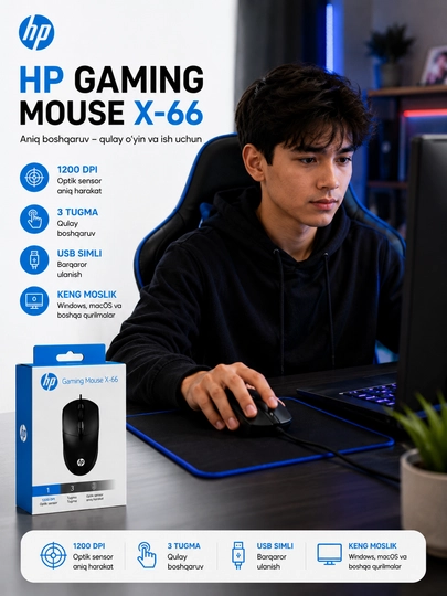 HP Gaming Mouse X-66 simli optik sichqoncha, USB, 1200 DPI, 3 tugmali