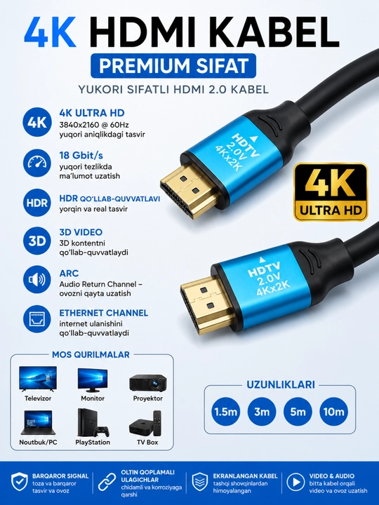 HDMI кабель 2.0 4K Ultra HD для телевизора, ноутбука, монитора и PlayStation - 