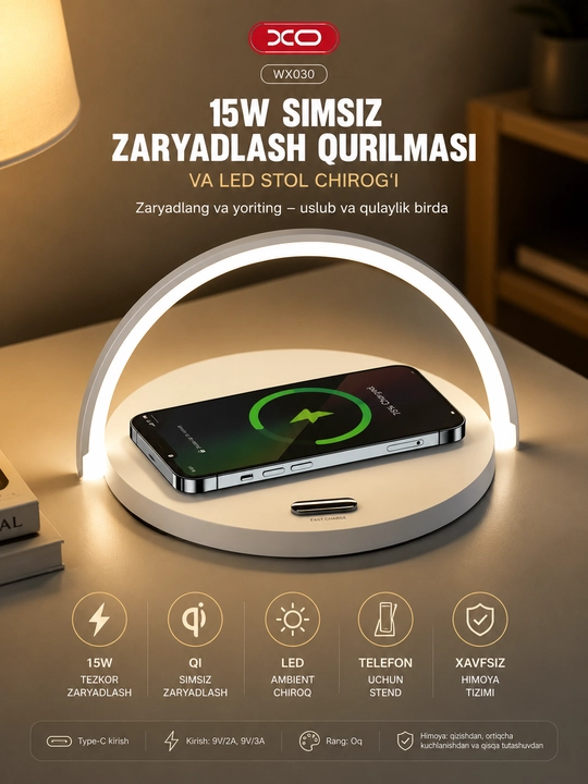 XO WX030 3-in-1 simsiz zaryadlash qurilmasi, 15W, Qi, Type-C, oq