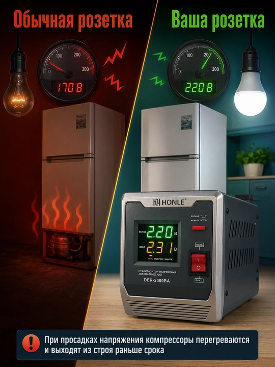HONLE DER-2000BA kuchlanish stabilizatori 2000VA (2kVA), uy uchun, tok sakrashidan himoya