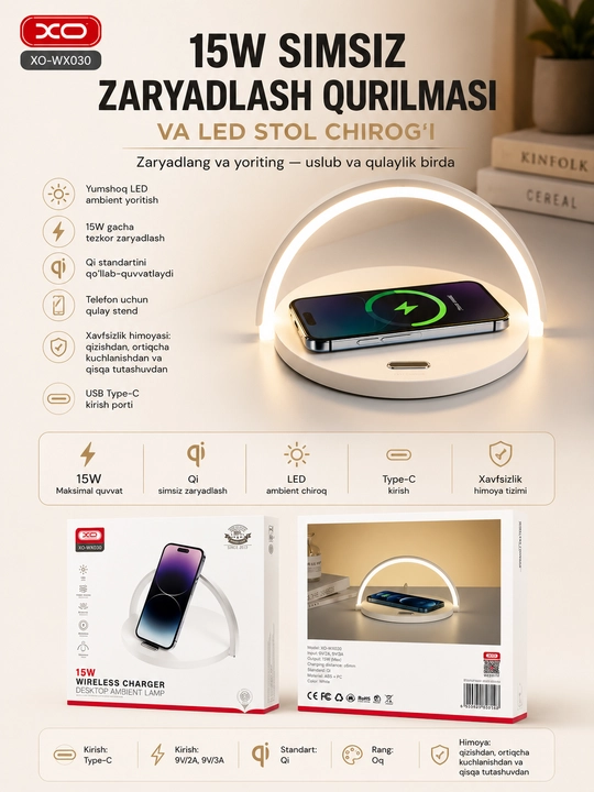 XO WX030 3-in-1 simsiz zaryadlash qurilmasi, 15W, Qi, Type-C, oq
