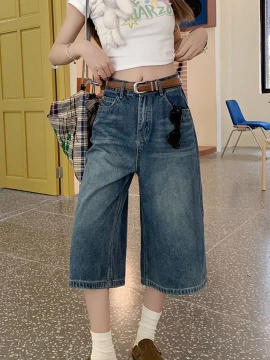 Женские джинсовые бермуды багги капри с высокой посадкой широкие Y2K Korean Style Oversize