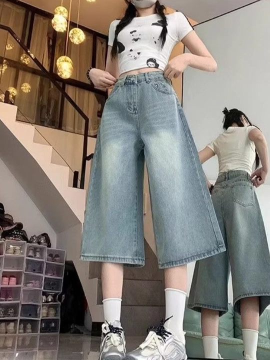 Женские джинсовые бермуды багги капри с высокой посадкой широкие Y2K Korean Style Oversize