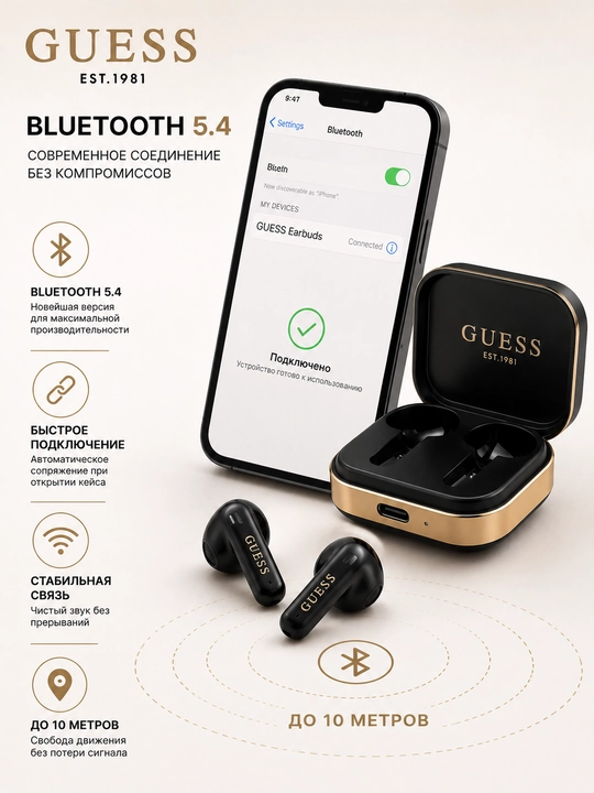 Simsiz quloqchinlar Guess TWS, Bluetooth 5.4, zaryadlash qutisi bilan, USB Type-C