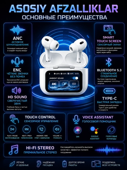 Ekranli simsiz quloqchin, Bluetooth naushnik, Type-C