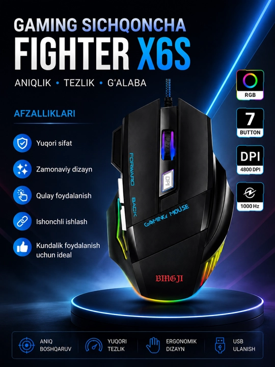 Ofis va o‘yinlar uchun simli USB sichqoncha 1200-4800 DPI yuqori aniqlik - 