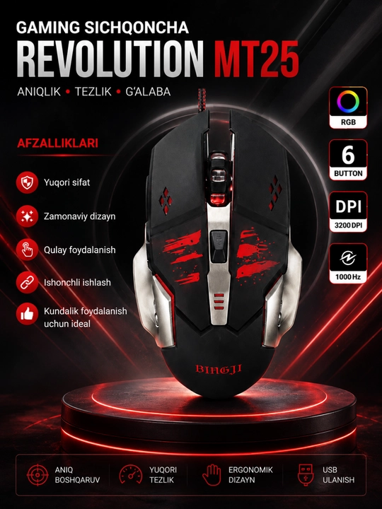 Ofis va o‘yinlar uchun simli USB sichqoncha 1200-4800 DPI yuqori aniqlik - 