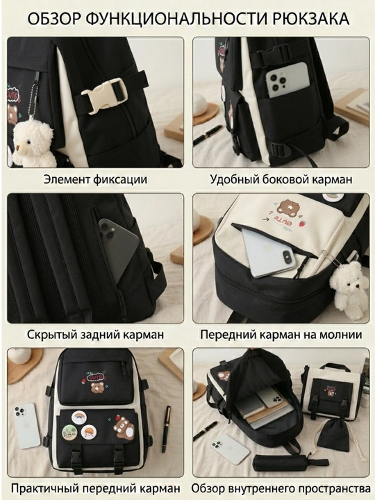 Maktab ryukzagi, 5 tasi 1 da, to‘plamda: ryukzak, qalamdon, sumka, sumkacha, organayzer