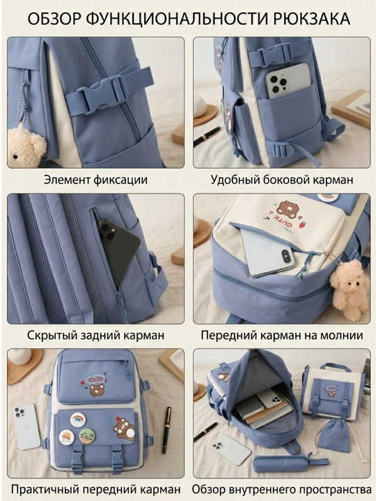 Maktab ryukzagi, 5 tasi 1 da, to‘plamda: ryukzak, qalamdon, sumka, sumkacha, organayzer