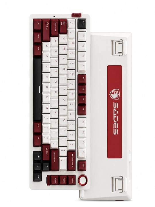 SADES mk87mexanik klaviatura, 75 tugma, RGB, 3 ulanish rejimi, oq-qizil