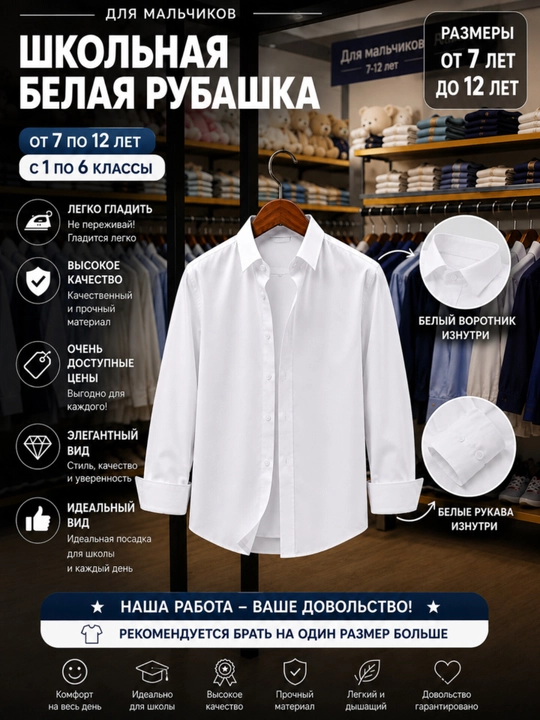 Школьная рубашка для мальчиков: белая, классическая, длинный рукав
