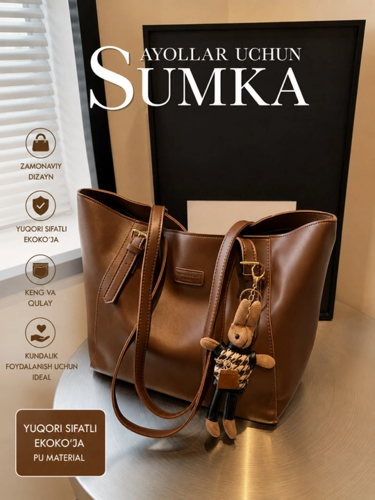 Ayollar sumkasi yelkama, kundalik, keng, yumshoq, ish va o'qish uchun, shopper, eko-charm - 