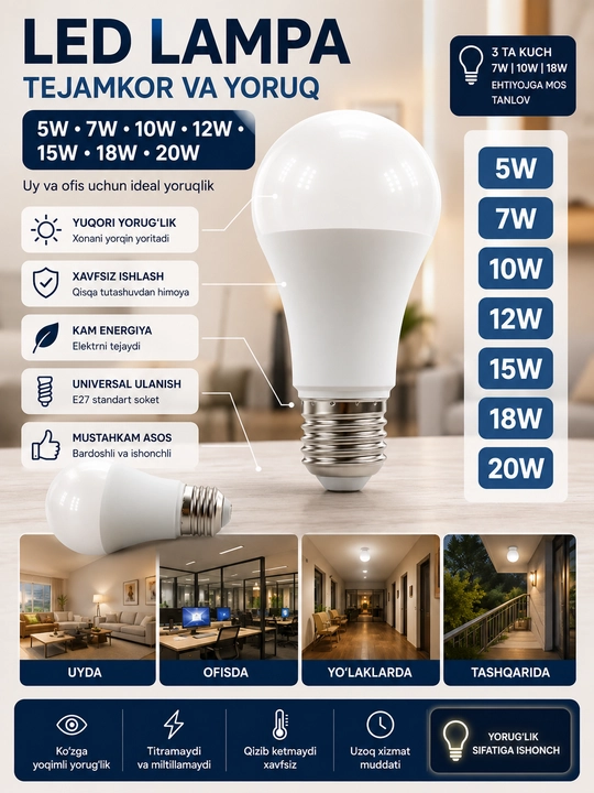 LED lampa E27 220V 5W, 7W, 10W, 12W, 15W, 18W, 20W energiya tejovchi