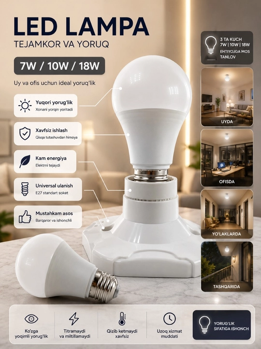 LED lampa E27 220V 5W, 7W, 10W, 12W, 15W, 18W, 20W energiya tejovchi