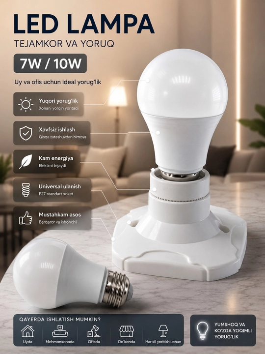 LED lampa E27 220V 5W, 7W, 10W, 12W, 15W, 18W, 20W energiya tejovchi