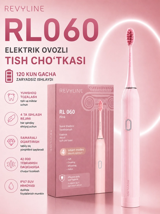 Revyline RL 060 elektr tovushli tish cho‘tkasi, 4 ta rejim, 3 nasadka, kundalik parvarishi