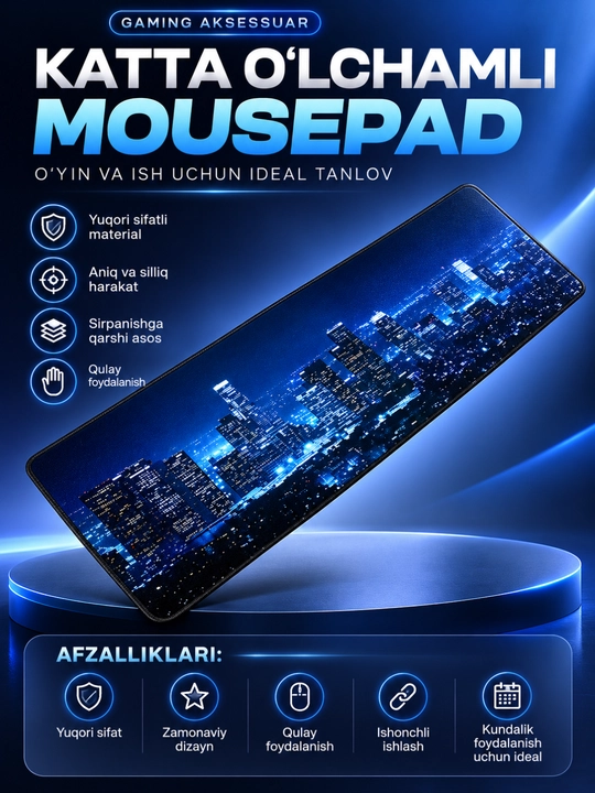 Katta Gaming Mousepad – Sirpanmaydigan, Tezkor Harakat va Yuqori Aniqlik uchun Gilamcha - 