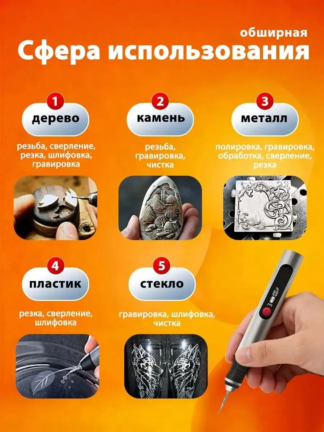 Mini elektr graver, akkumulyatorli, 30 ta nasadka bilan o‘yish va silliqlash uchun