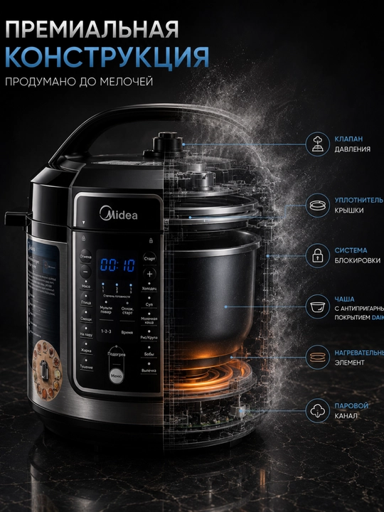 Супермощная мультиварка-скороварка Midea, чаша 5.7 л