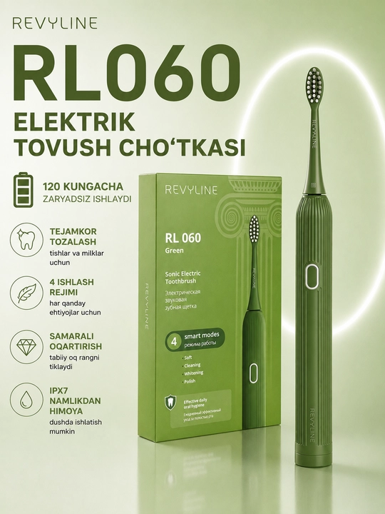 Revyline RL 060 elektr tovushli tish cho‘tkasi, 4 ta rejim, 3 nasadka, kundalik parvarishi