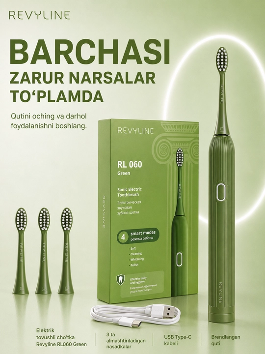 Revyline RL 060 elektr tovushli tish cho‘tkasi, 4 ta rejim, 3 nasadka, kundalik parvarishi