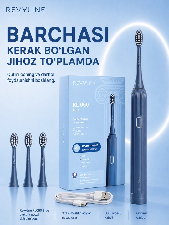 Revyline RL 060 elektr tovushli tish cho‘tkasi, 4 ta rejim, 3 nasadka, kundalik parvarishi