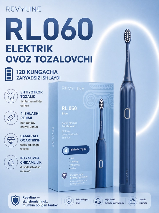 Revyline RL 060 elektr tovushli tish cho‘tkasi, 4 ta rejim, 3 nasadka, kundalik parvarishi