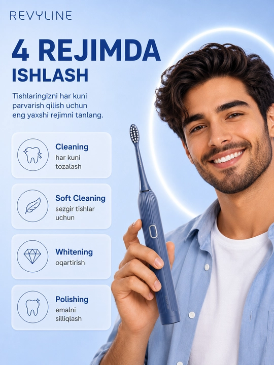 Revyline RL 060 elektr tovushli tish cho‘tkasi, 4 ta rejim, 3 nasadka, kundalik parvarishi - 