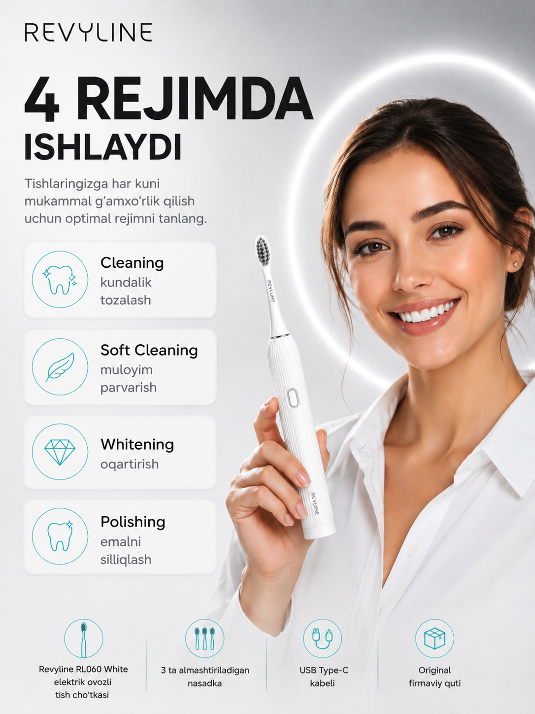 Revyline RL 060 elektr tovushli tish cho‘tkasi, 4 ta rejim, 3 nasadka, kundalik parvarishi - 