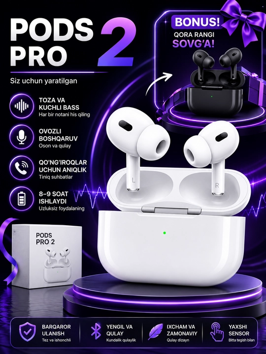 PODS PRO 2 simsiz quloqchinlar Iphone va Android uchun - 