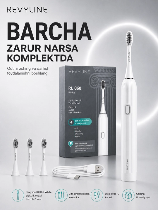 Revyline RL 060 elektr tovushli tish cho‘tkasi, 4 ta rejim, 3 nasadka, kundalik parvarishi
