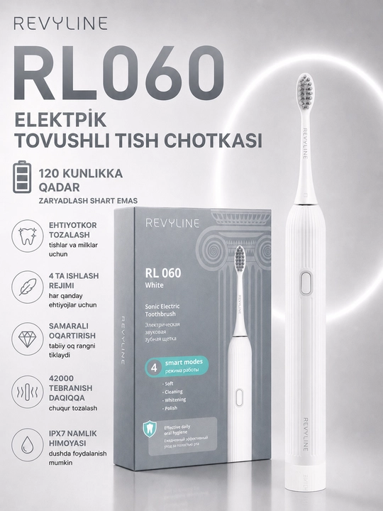 Revyline RL 060 elektr tovushli tish cho‘tkasi, 4 ta rejim, 3 nasadka, kundalik parvarishi