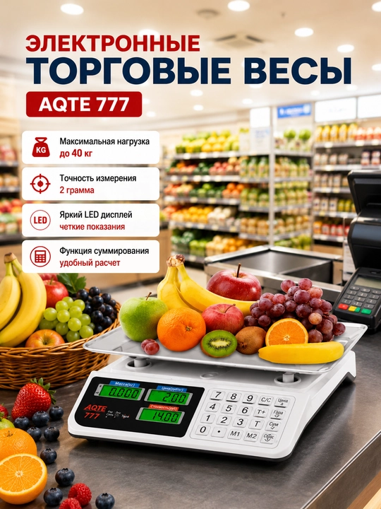 AQTE 777 Электронные торговые весы 40 кг с LED дисплеем и расчетом стоимости - 