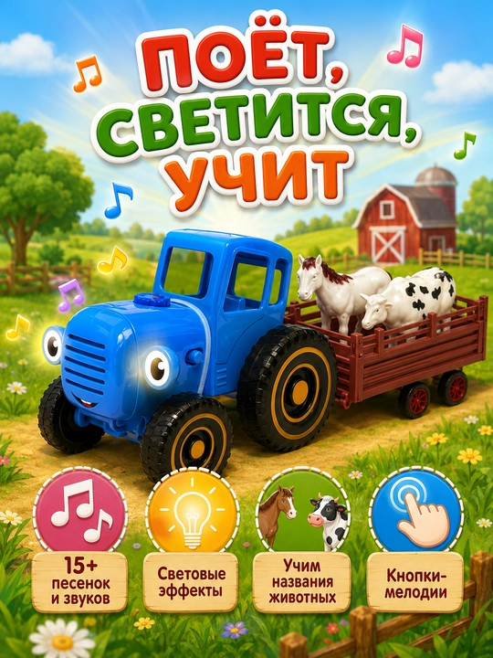 Siniy traktor bolalar mashinasi, musiqiy o'yinchoq mashina bolalar uchun, 1+