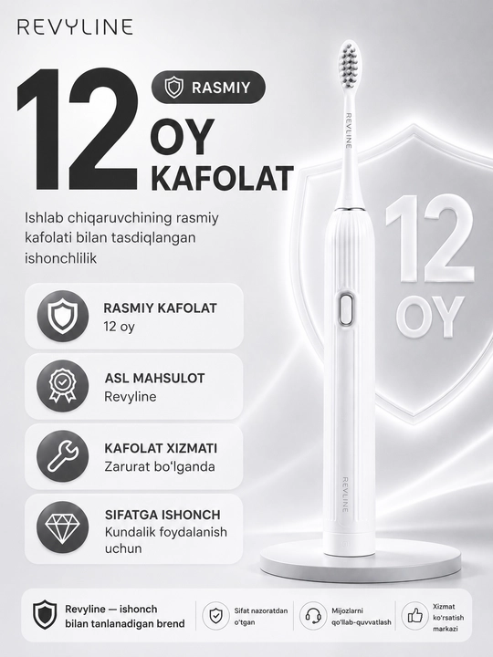 Revyline RL 060 elektr tovushli tish cho‘tkasi, 4 ta rejim, 3 nasadka, kundalik parvarishi