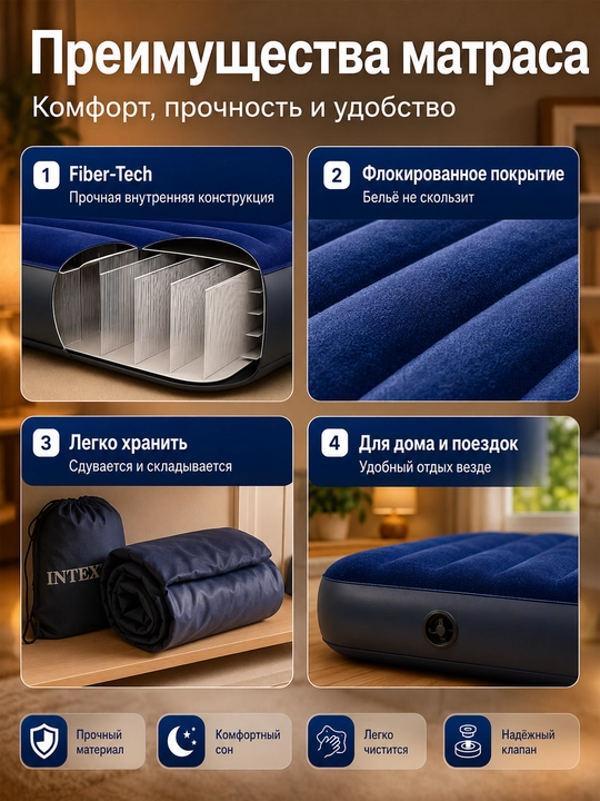 Надувной матрас для сна Intex, разные размеры, с мягкой поверхностью